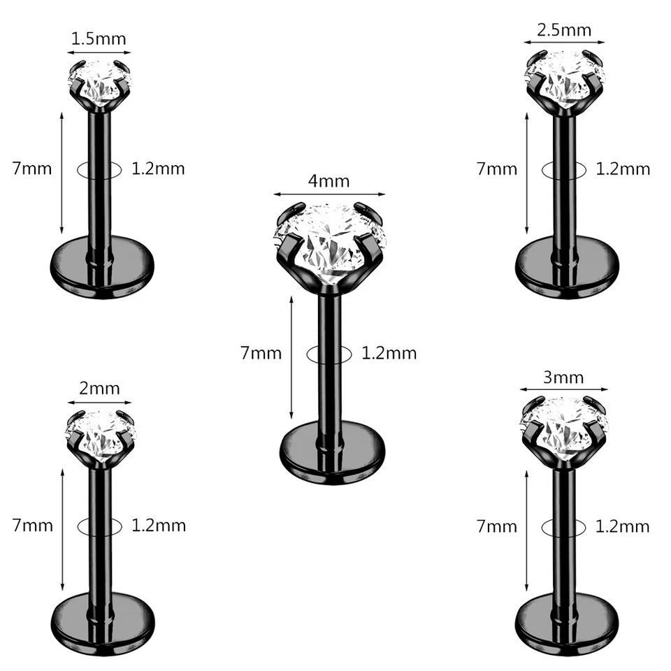 10Pcs Stainless Steel Labret Lip Stud Push in CZ Monroe Ear Helix Conch Piercing - Image 3 of 4