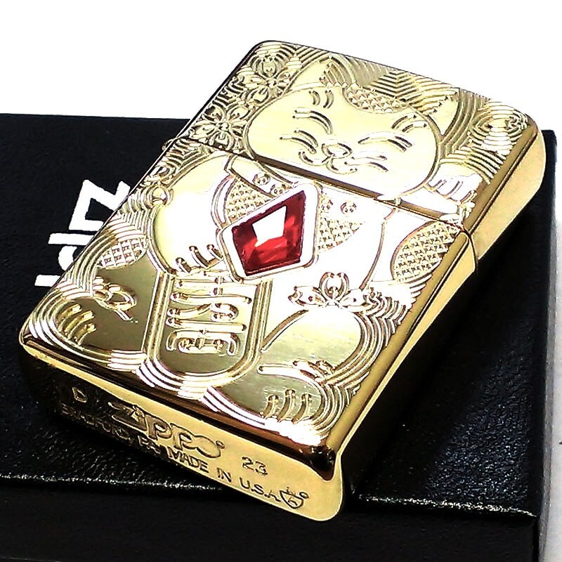 Zippo Armor Lucky Cat Design Gold Red Stone High Polished Zippo Armor Lucky Cat Design Gold Red Stone High Polished