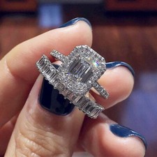 Bridal Set 6.50Ct Emerald Cut Created Diamonds Women Rings 14K White Gold Finish