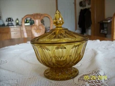 Indiana Glass Co Vintage Thumb Print Amber Covered Footed Candy Dishes