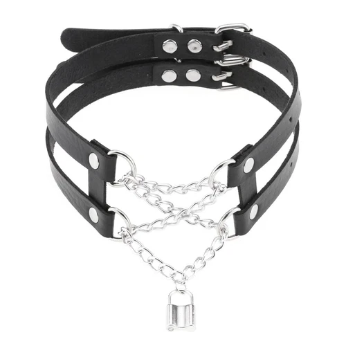 Double Belt Punk Choker with Cross Chain Lock Pendant Gothic Collar - Picture 10 of 37
