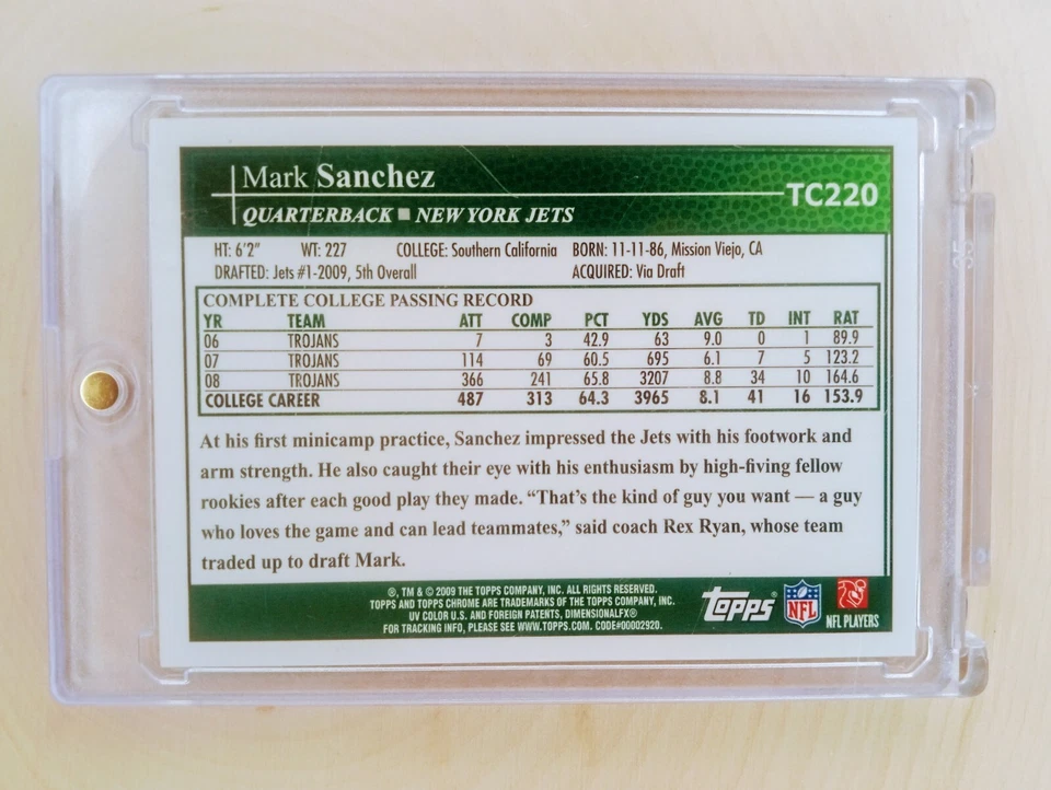 2009 Topps Chrome Mark Sanchez RC Jumping Auto  #TC220 Jets *Sharp Card* - Image 2 of 2
