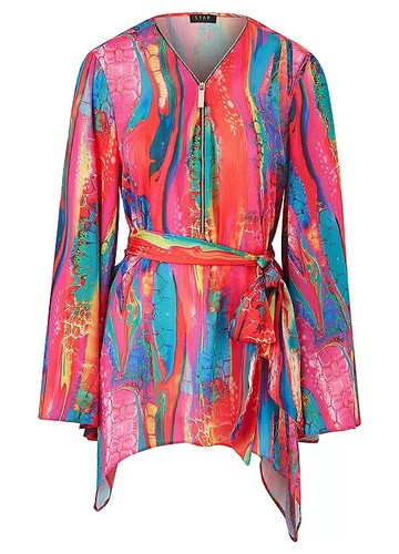 Size 12 - Julien Macdonald Print Stud Detail Belted Kimono Sleeve Satin Top - Picture 6 of 7