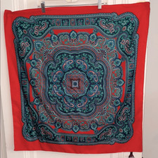 Vintage Red, Blue, White  Green Paisley Print Polyester Large Square Scarf