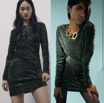 Zara Dark Forest Green Crushed Velvet Snakeprint Dress M | eBay