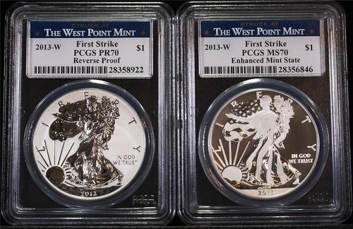 2013-WW 2 Coin West Point Mint Silver Eagle Set PCGS PR70 and MS70 First Strike
