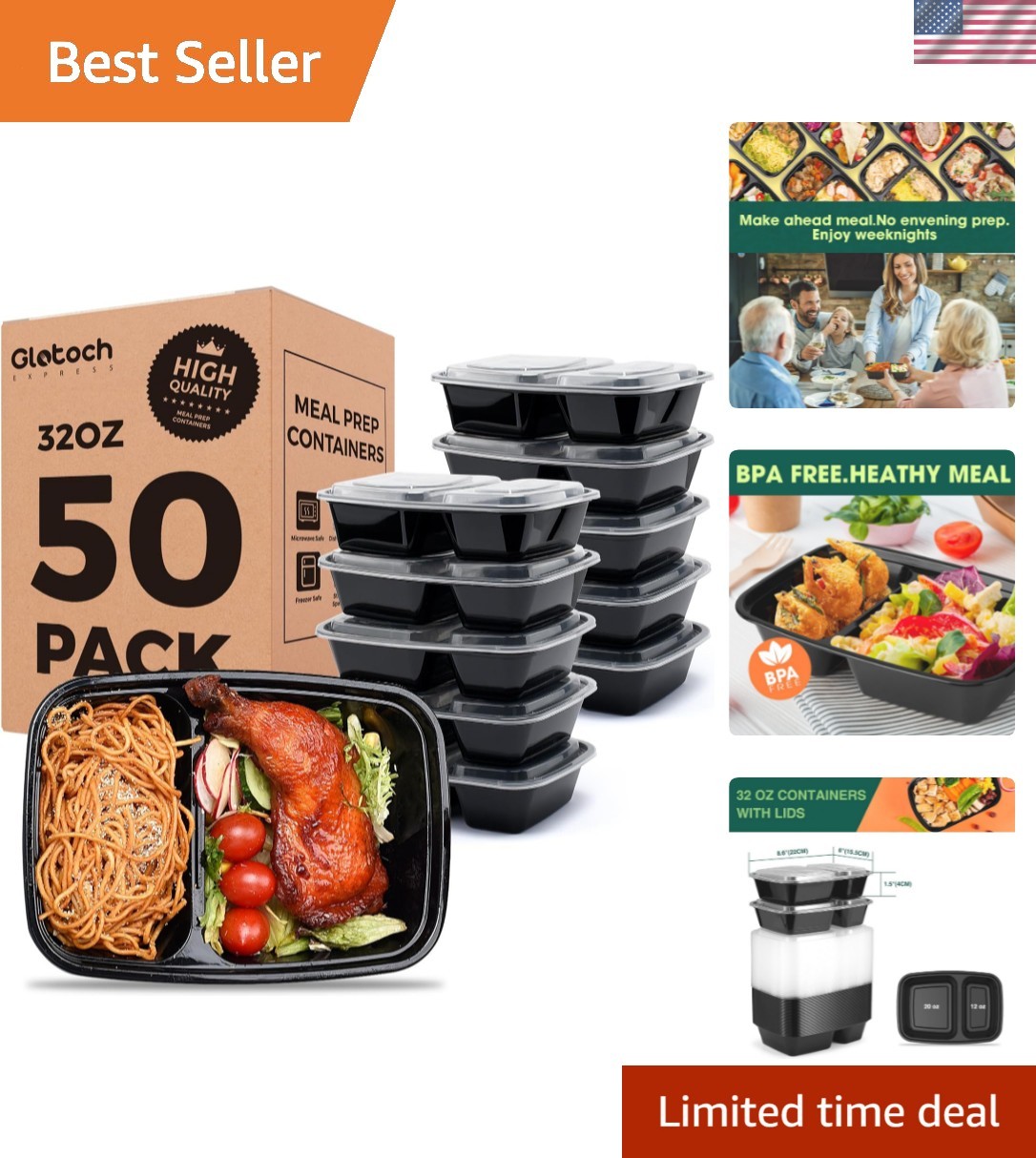 50 Pack 32 oz Meal Prep Containers