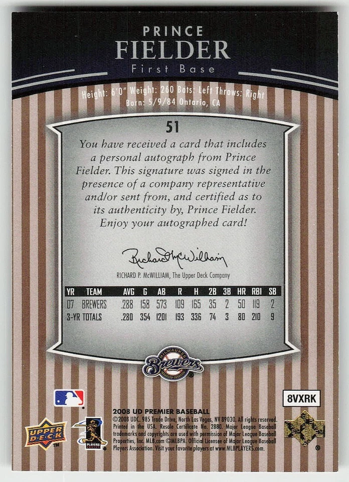 2008 Upper Deck Premier #51 Prince Fielder béisbol Milwaukee Brewers Foto 2 de 2