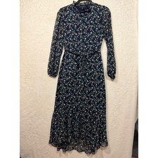 Banana Republic Navy Floral Chiffon Midi Dress Ruffle High Neck Tie Waist Size 0