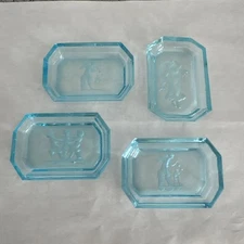 Lot (4) Hoffman Intaglio Engraved Czech Aqua Blue Crystal Open Salt Dishes