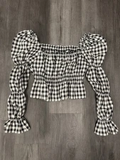 H&M Crop Top Womens Large Black Gingham Plaid Country Cottage Cropped Tiered L