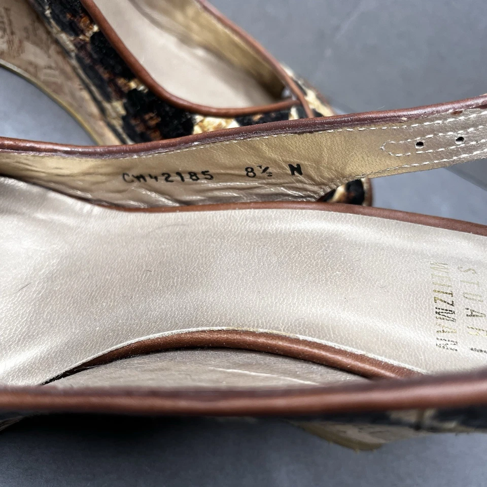 STUART WEITZMAN Leopard Wedges Women Sz 8.5N Sling Back Tan Black Peep Toe Heels - Image 4 of 4