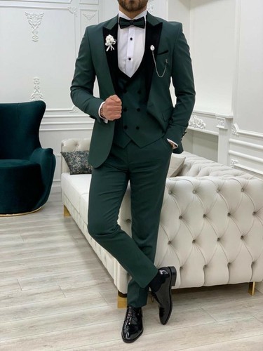 Men's Designer Tuxedo Velvet 3 Piece Slim Fit Suit For Groom and Wedding Wear - Picture 9 of 12