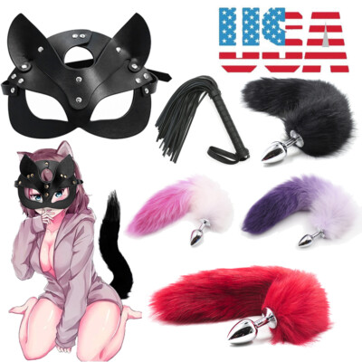 Sexy Cat Eye Mask Fox Tail Insert Plugs Whip Flogger Masquerade Party Cosplay