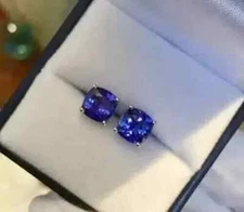 14K White Gold Plated 2Ct Cushion Cut Lab Created Tanzanite Stud Earrings Women