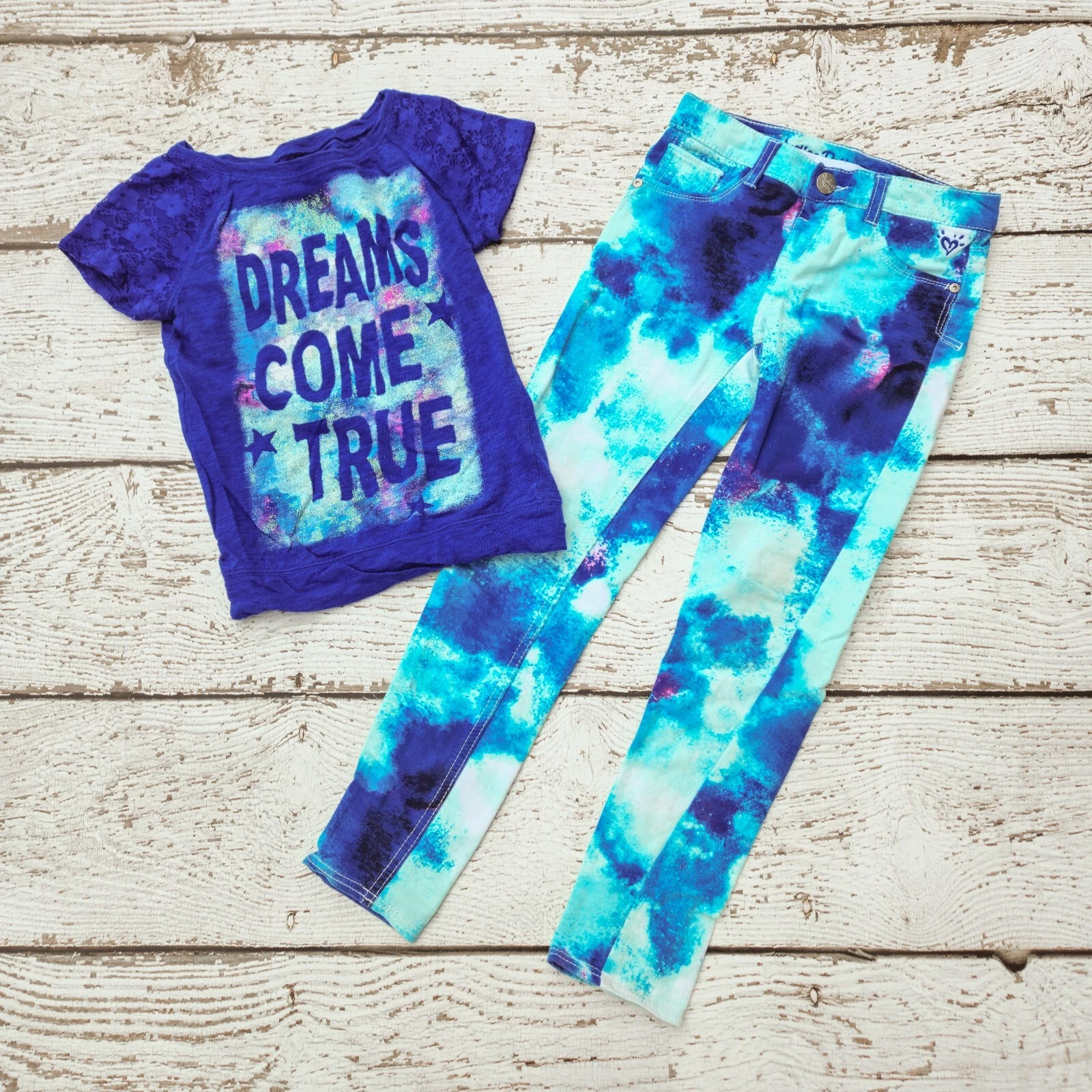 JUSTICE 10 Girls Blue Teal Dream Come True Shirt Leggings Outfit DC-TT20