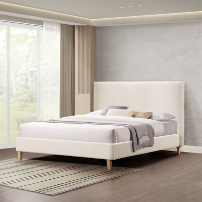 Queen Size Bed Frame Upholstered Platform Bed with Headboard Cream White/Gray