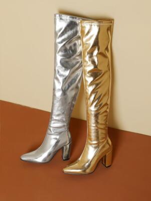 Over Knee High Boots Block Heel Pointy Toe Bright Casual