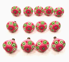 Lot of 13 Decorative Painted Wood Drawer Knobs Pink Green Circles w Centered Gem
