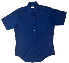 Vtg 60s Kmart Permanent Press Blue Short Sleeve Button Up Polyester Shirt Large