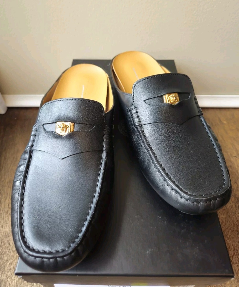 Versace Men's Sabot Backless Black Leather Slip On Loafers Size 40