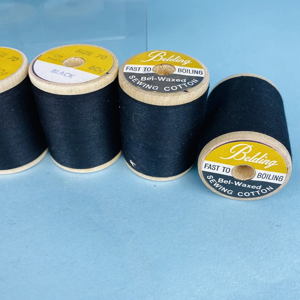 6 Bel Waxed Cotton Belding Corticelli Black Thread Wood Spools Sewing USA NOS - Image 2 of 4