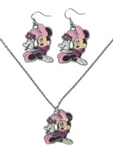 Minnie Mouse Character With Flower Charm Pendant Necklace And Earrings Set