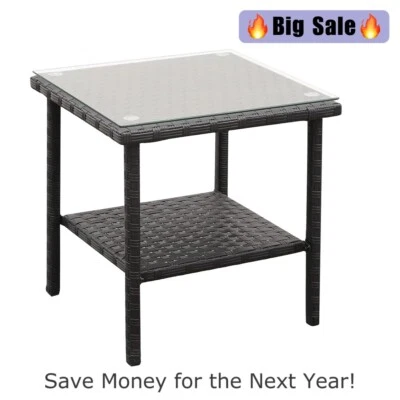 Outdoor PE Wicker Side Table, Square Patio Table with Glass Top Black Furniture - Image 1 of 4