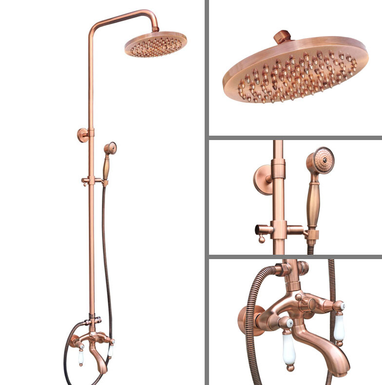 Antiguo Juego de Ducha de Cobre Rojo Grifo Mezclador de Baño 8" Cabezal Redondo Ducha Spray Manual