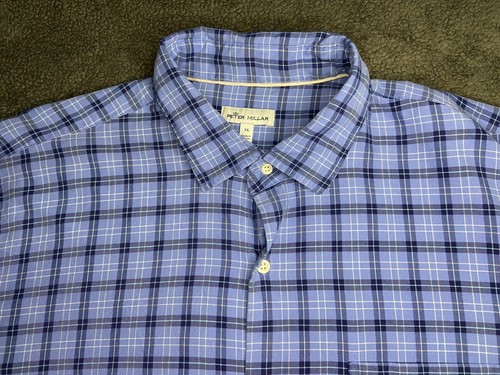 Peter Millar Men's XL Blue Plaid Long Sleeve Button Up Shirt Silk Blend - Picture 2 of 11