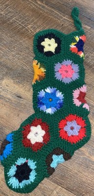 Vintage Crocheted Granny Square 18  Christmas Stocking Dark Green Colorful