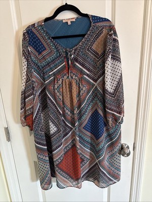 Gibson Latimer Tie Neck Boho Dress Geometric Patchwork Size XL