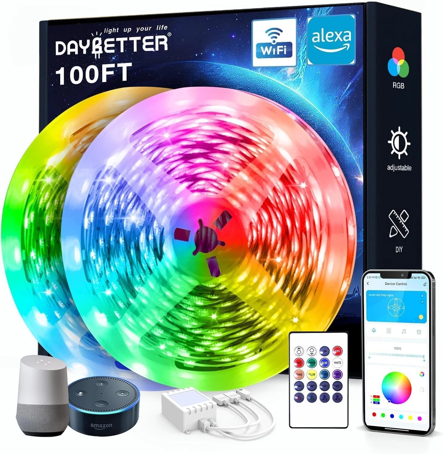 Smart WiFi RGB LED Strip Lights 100ft Music Sync Color Changing for Bedroom Deco