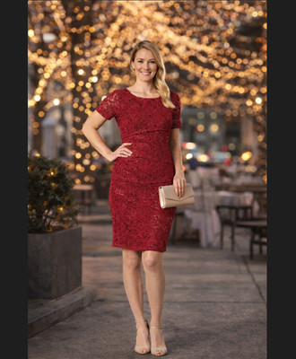Perceptions NY Red Sequin Lace Sheath Dress M Cocktail Party Holiday Wedding EUC