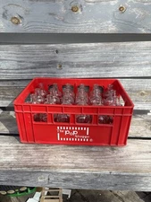 Vintage THE POP SHOPPE Plastic Carrier Crate Tote Storage + 24 Glass Bottles 💕