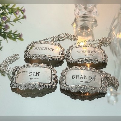 English Sterling Silver Decanter Labels Birmingham 1961 Barware Tags - 4 Pc Set