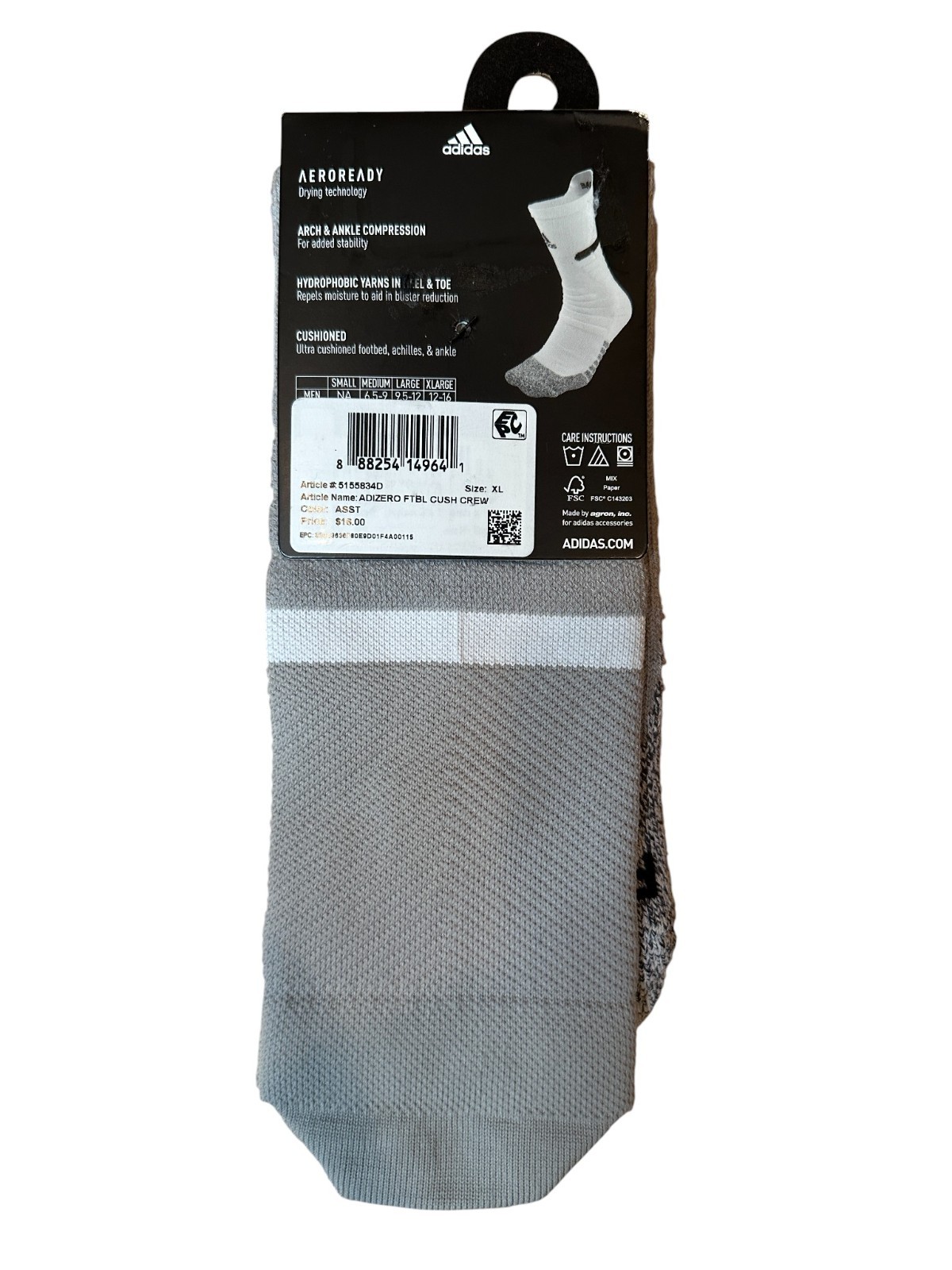Adidas Adizero Football Cushioned Crew Socks Men's XL (12-16) Gray AEROREADY NWT thumbnail 2