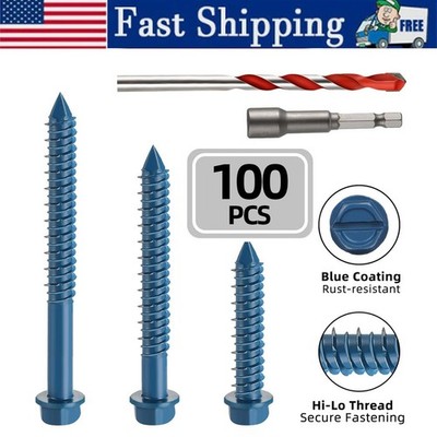 3/16'' x 1-1/4'' Blue Hex Washer Head Concrete Screws with Drill Bit & Hex Bit Soc