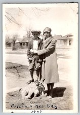 Vtg B&W Snapshot Woman And Boy in Coats And Hats Outdoors 1928