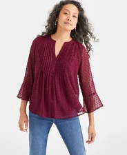 Style & Co Women's Textured Pintuck Ruffle Sleeve Top in Berry, Size 0X- NWT