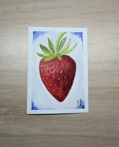 ACEO REALISTIC 3D STRAWBERRY, BLUE BACKGROUND, STILL LIFE FRUIT WATERCOLOR, ATC 