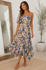 ASTR The Label Santorini Dress Small One Shoulder Floral Midi Ruffle Cottagecore