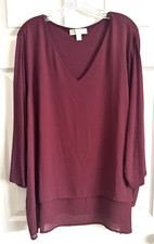 Michael Kors, Plus 3X, Layered Hem, V-Neck, 3/4 Sleeve Tunic Top, Dark Ruby