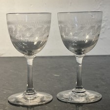 Edwardian Style Greek Key Etched Sherry Port Wine Glasses Set Of Five