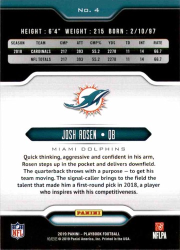 Josh Rosen 2019 Panini Playbook #4 (115679) Figurina Calcio - Foto 2 di 2