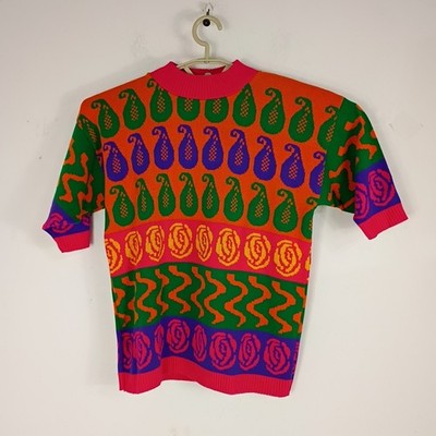 VTG 80s Womens S? Knitwaves Geometric Colorful  Sweater Jacquard Knit USA Made