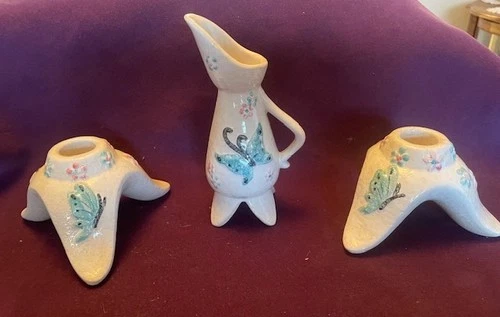 HULL POTTERY B22 BUTTERFLY PAIR OF CANDLE HOLDERS AND PITCHER - MID 1950's