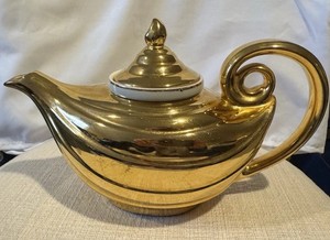 Vintage Golden Glo Hall Aladdin Teapot 22K Gold Porcelain with Lid and Infuser