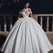 Princess Off Shoulder Wedding Dress Petals Flower Beaded Satin Bridal