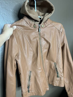 Miss Selfie Faux Leather Full Zip Hooded Jacket  Large